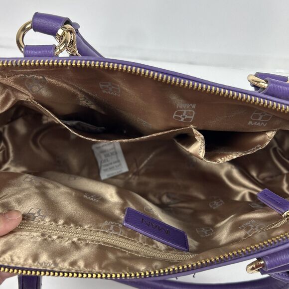 Iman Global Chic Logo Print Dome Satchel Handbag Purse Purple Gold Trim Ivory - Picture 10 of 16